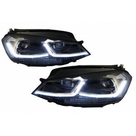 SET DE DEUX PHARES AVANT LOOK XENON AVEC LED 3D FEUX DE JOUR - H7/H1 -  LISERET ROUGE - LOOK GTI - VW GOLF 7 (12-17)