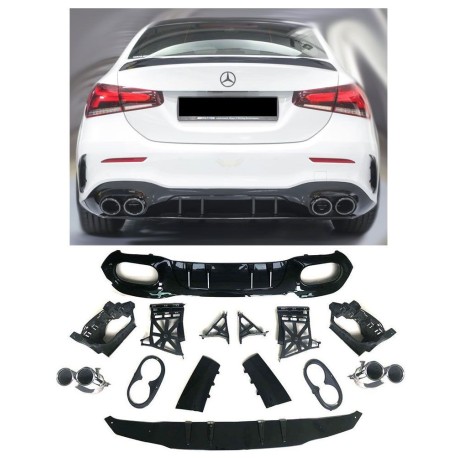 DIFFUSEUR A45S + EMBOUTS CHROME LOOK A45 AMG FULL BLACK MERCEDES CLASSE A W177 V177 BERLINE (18-24) - AUTODC