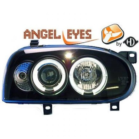 SET DE DEUX PHARES AVANT ANGEL EYES BLANC FOND NOIR VW GOLF 3 - III (91-97) H1/H1 - AUTODC